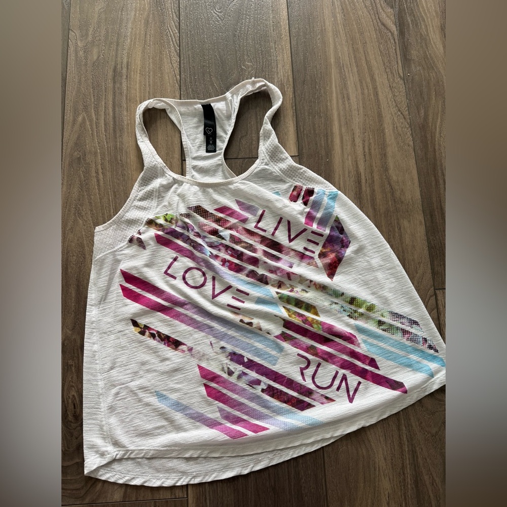 Women's White and Pink Graphic Tank Top workout shirt
Size medium